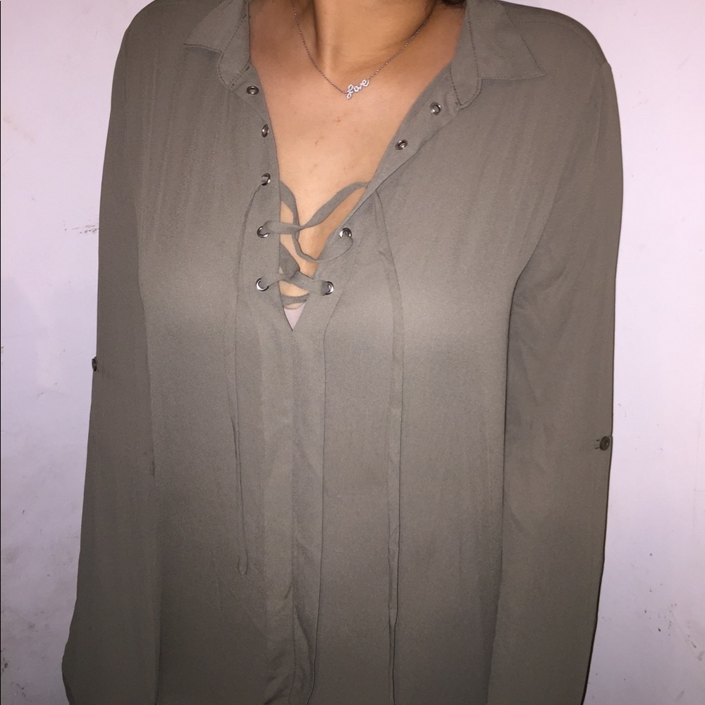 Lace up Olive green long sleeve blouse